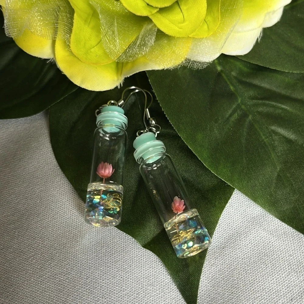 Mini bottle dried Flower Earrings Pink Botanical Resin Dangles